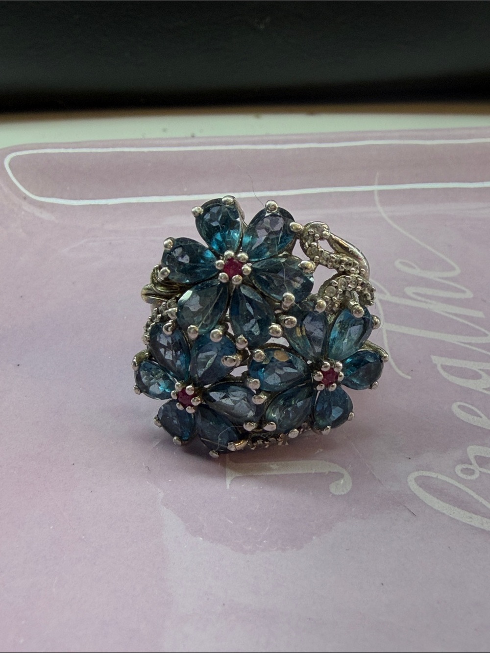 Blue Floral Cluster Statement Ring - REAL AUTHENTIC BEAUTIFUL size 7